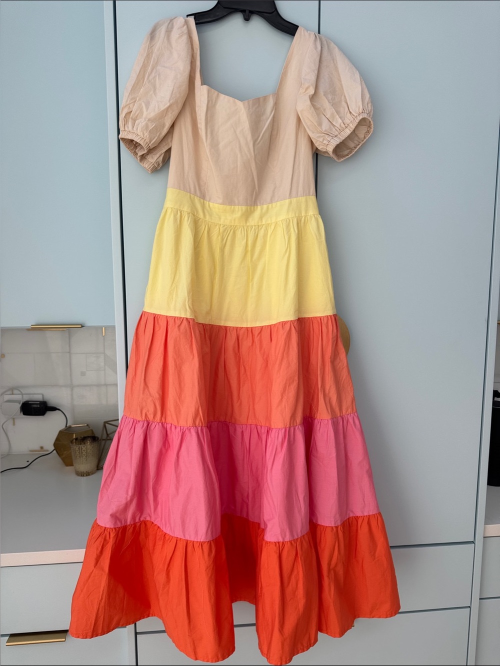 English Factory Colorblock Tiered Puff-Sleeve Dress